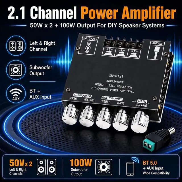 Alt view image 2 of 7 - ZK-MT21 Bluetooth Power Amplifier Board 2.1 Channel 50W x 2 + 100W | Mini amp module. quickly connects. Fits car audio speakers/home theater. with bass,treble,subwoofer and volume control