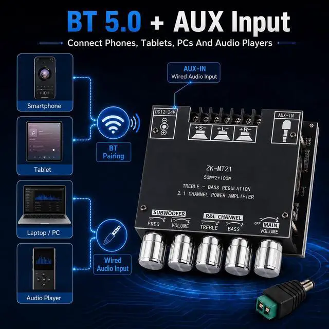 Alt view image 3 of 7 - ZK-MT21 Bluetooth Power Amplifier Board 2.1 Channel 50W x 2 + 100W | Mini amp module. quickly connects. Fits car audio speakers/home theater. with bass,treble,subwoofer and volume control