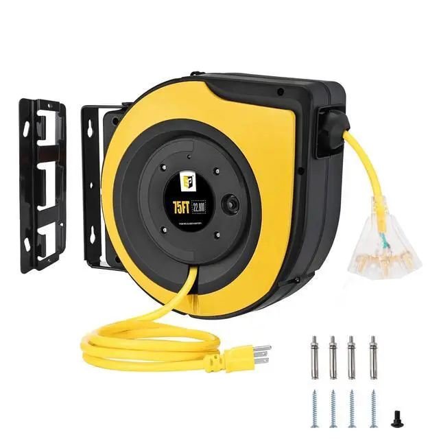 Main image of Retractable Extension Cord Reel,75 Feet 14 AWG/3C SJTOW Heavy Duty Power Cord,10 AMP Circuit Breaker, 3-Lighted Triple Outlets,Ceiling or Wall Mount Use Indoor, Yellow