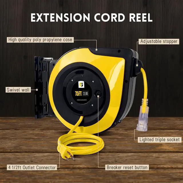 Alt view image 6 of 7 - Retractable Extension Cord Reel,75 Feet 14 AWG/3C SJTOW Heavy Duty Power Cord,10 AMP Circuit Breaker, 3-Lighted Triple Outlets,Ceiling or Wall Mount Use Indoor, Yellow