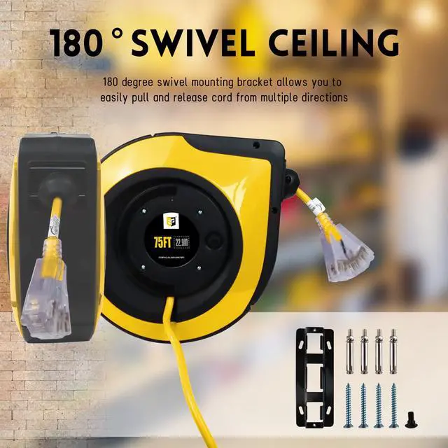 Alt view image 3 of 7 - Retractable Extension Cord Reel,75 Feet 14 AWG/3C SJTOW Heavy Duty Power Cord,10 AMP Circuit Breaker, 3-Lighted Triple Outlets,Ceiling or Wall Mount Use Indoor, Yellow