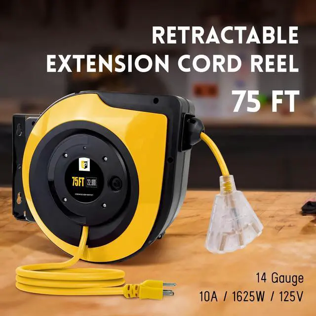 Alt view image 2 of 7 - Retractable Extension Cord Reel,75 Feet 14 AWG/3C SJTOW Heavy Duty Power Cord,10 AMP Circuit Breaker, 3-Lighted Triple Outlets,Ceiling or Wall Mount Use Indoor, Yellow