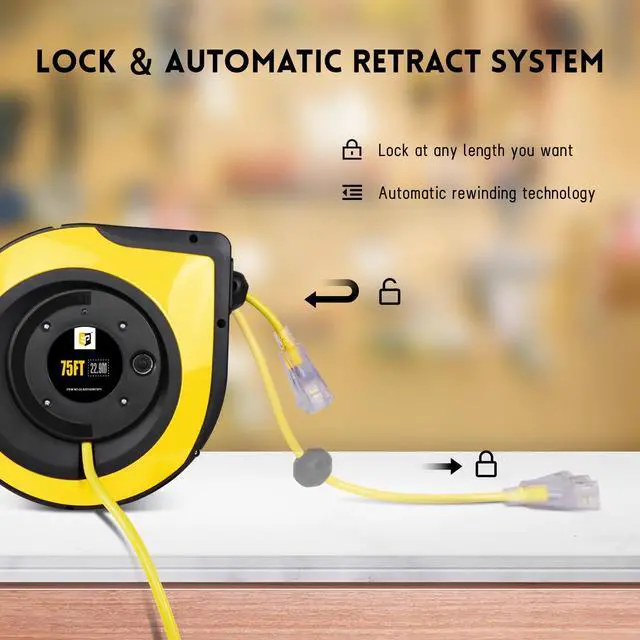 Alt view image 4 of 7 - Retractable Extension Cord Reel,75 Feet 14 AWG/3C SJTOW Heavy Duty Power Cord,10 AMP Circuit Breaker, 3-Lighted Triple Outlets,Ceiling or Wall Mount Use Indoor, Yellow