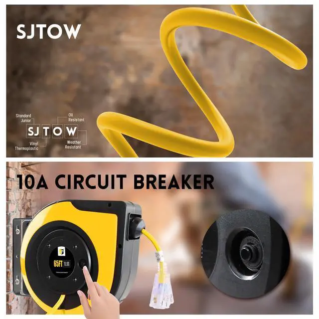 Alt view image 7 of 7 - Retractable Extension Cord Reel,75 Feet 14 AWG/3C SJTOW Heavy Duty Power Cord,10 AMP Circuit Breaker, 3-Lighted Triple Outlets,Ceiling or Wall Mount Use Indoor, Yellow