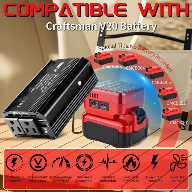 Alt view image 4 of 7 - 300W Power Inverter Compatible with Craftsman, DC 20V to AC 110-120V Battery Inverter, Portable Battery Adapter Charger Converter with 3 USB & 1 Type-C & 2 AC Outlet for Outdoor,Emergency(Tool Only)