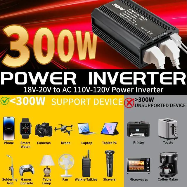 Alt view image 3 of 7 - 300W Power Inverter Compatible with Craftsman, DC 20V to AC 110-120V Battery Inverter, Portable Battery Adapter Charger Converter with 3 USB & 1 Type-C & 2 AC Outlet for Outdoor,Emergency(Tool Only)