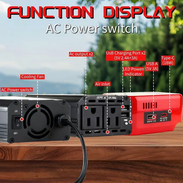 Alt view image 6 of 7 - 300W Power Inverter Compatible with Craftsman, DC 20V to AC 110-120V Battery Inverter, Portable Battery Adapter Charger Converter with 3 USB & 1 Type-C & 2 AC Outlet for Outdoor,Emergency(Tool Only)