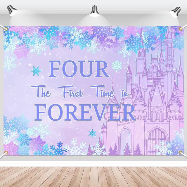 Main image of Four the First Time in Forever Birthday Decorations Winter Princess 4th Birthday Backdrop Frozen Birthday Decorations Princess Castle Party Decor for Baby Girls (7x5ft)