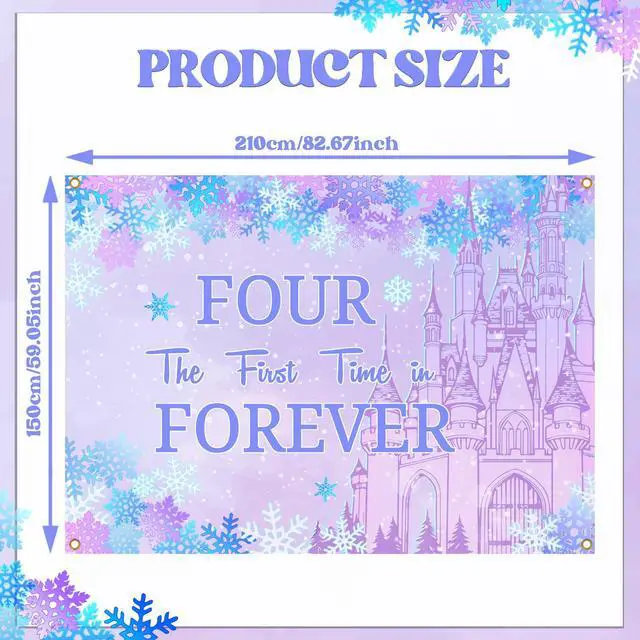 Alt view image 3 of 6 - Four the First Time in Forever Birthday Decorations Winter Princess 4th Birthday Backdrop Frozen Birthday Decorations Princess Castle Party Decor for Baby Girls (7x5ft)