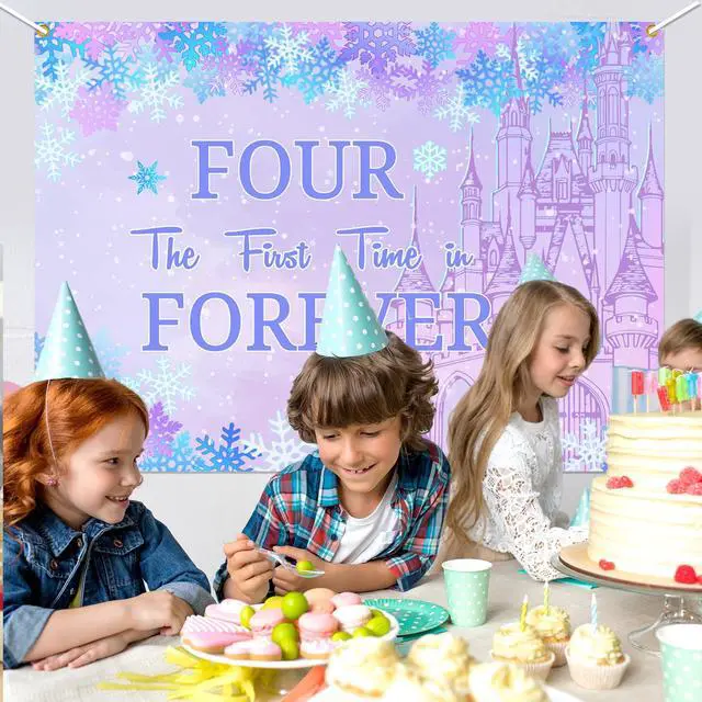 Alt view image 5 of 6 - Four the First Time in Forever Birthday Decorations Winter Princess 4th Birthday Backdrop Frozen Birthday Decorations Princess Castle Party Decor for Baby Girls (7x5ft)