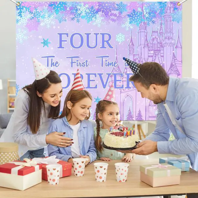 Alt view image 4 of 6 - Four the First Time in Forever Birthday Decorations Winter Princess 4th Birthday Backdrop Frozen Birthday Decorations Princess Castle Party Decor for Baby Girls (7x5ft)