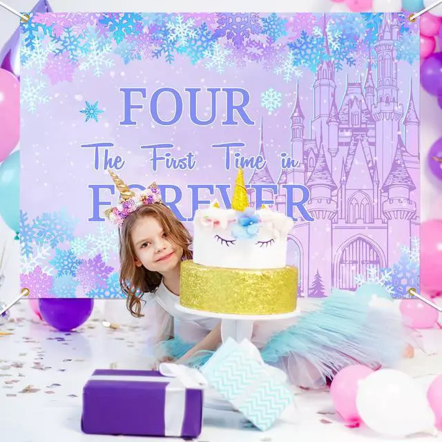 Alt view image 6 of 6 - Four the First Time in Forever Birthday Decorations Winter Princess 4th Birthday Backdrop Frozen Birthday Decorations Princess Castle Party Decor for Baby Girls (7x5ft)