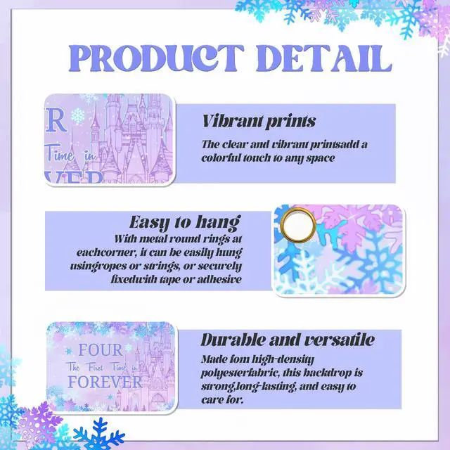 Alt view image 2 of 6 - Four the First Time in Forever Birthday Decorations Winter Princess 4th Birthday Backdrop Frozen Birthday Decorations Princess Castle Party Decor for Baby Girls (7x5ft)