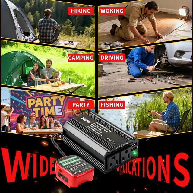 Alt view image 7 of 7 - 300W Power Inverter Compatible with Craftsman, DC 20V to AC 110-120V Battery Inverter, Portable Battery Adapter Charger Converter with 3 USB & 1 Type-C & 2 AC Outlet for Outdoor,Emergency(Tool Only)