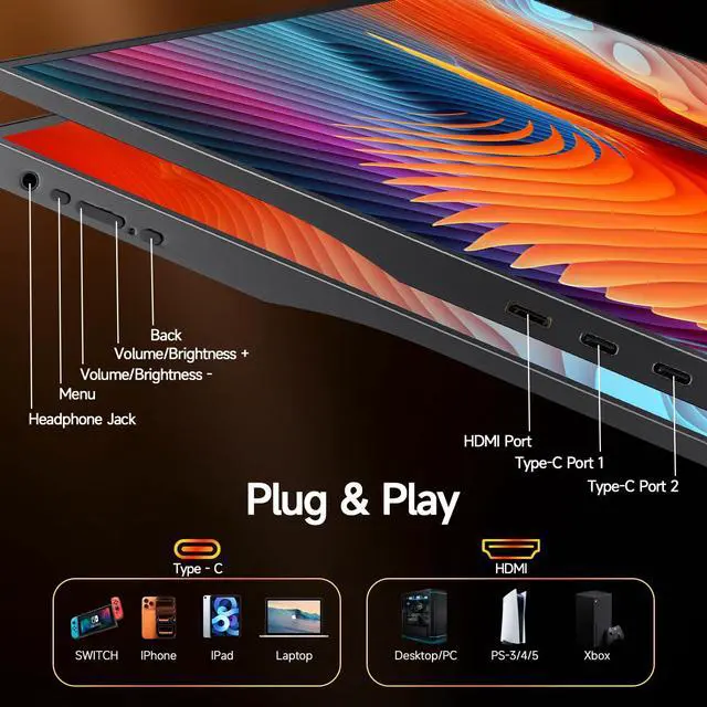 Alt view image 7 of 7 - 15.6inch Portable Monitor 1080P FHD, 250 Nits Bright Screen USB-C HDMI with Kickstand & Dual Speakers, Travel Laptop Second Screen Extender for PC Phone PS5 Xbox Switch,Ultra Slim External Display