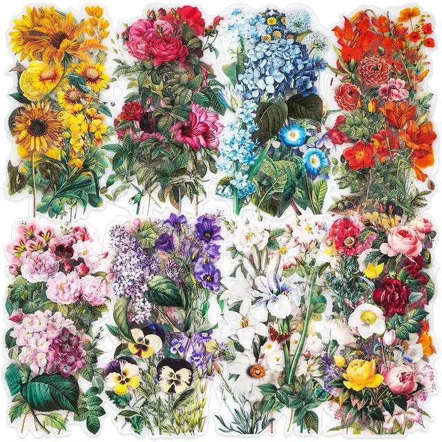 Main image of 100 Pieces Vintage Flower Stickers Set - Big 3.4" Waterproof Clear Botanical Floral Journaling Sticker for Scrapbooking Junk Journal Supplies Bullet Journals Planner Collage Laptop Paper Crafts