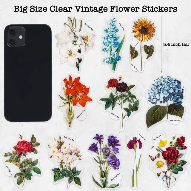 Alt view image 2 of 7 - 100 Pieces Vintage Flower Stickers Set - Big 3.4" Waterproof Clear Botanical Floral Journaling Sticker for Scrapbooking Junk Journal Supplies Bullet Journals Planner Collage Laptop Paper Crafts