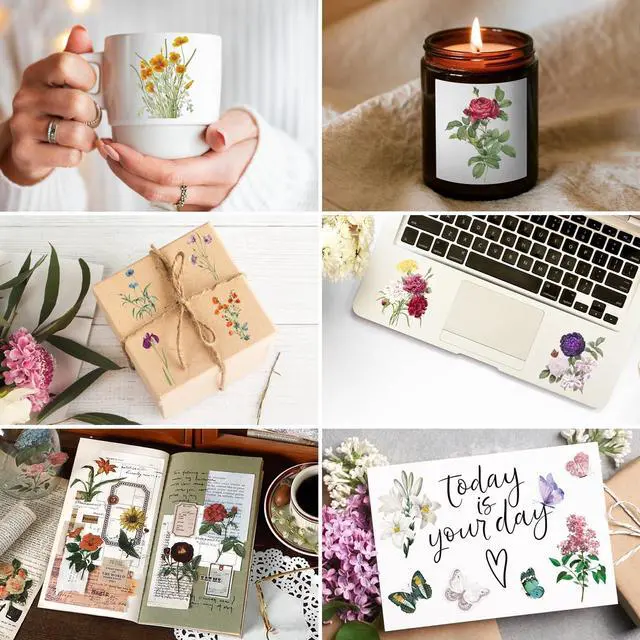 Alt view image 6 of 7 - 100 Pieces Vintage Flower Stickers Set - Big 3.4" Waterproof Clear Botanical Floral Journaling Sticker for Scrapbooking Junk Journal Supplies Bullet Journals Planner Collage Laptop Paper Crafts