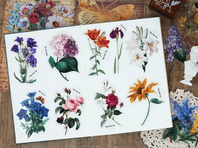 Alt view image 7 of 7 - 100 Pieces Vintage Flower Stickers Set - Big 3.4" Waterproof Clear Botanical Floral Journaling Sticker for Scrapbooking Junk Journal Supplies Bullet Journals Planner Collage Laptop Paper Crafts