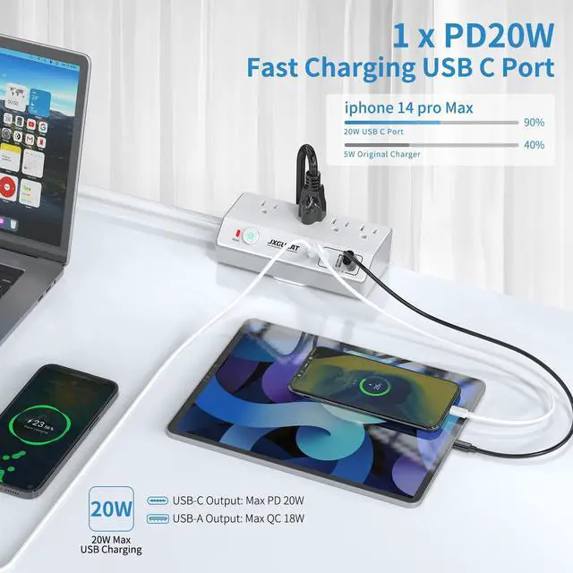 Alt view image 2 of 7 - Desk Clamp Power Strip 10FT with PD 20W Fast Charging USB C, Desk Mount Power Strip Surge Protector, Removable Extension Cord with 4 Outlets 4 USB Ports, Fit 1.8" Tabletop Edge, White