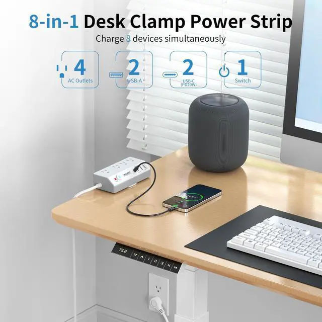 Alt view image 3 of 7 - Desk Clamp Power Strip 10FT with PD 20W Fast Charging USB C, Desk Mount Power Strip Surge Protector, Removable Extension Cord with 4 Outlets 4 USB Ports, Fit 1.8" Tabletop Edge, White