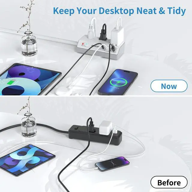 Alt view image 5 of 7 - Desk Clamp Power Strip 10FT with PD 20W Fast Charging USB C, Desk Mount Power Strip Surge Protector, Removable Extension Cord with 4 Outlets 4 USB Ports, Fit 1.8" Tabletop Edge, White