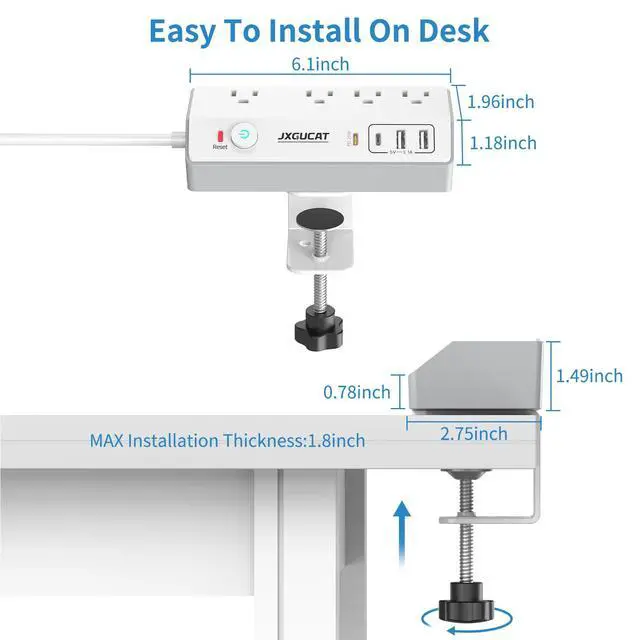 Alt view image 6 of 7 - Desk Clamp Power Strip 10FT with PD 20W Fast Charging USB C, Desk Mount Power Strip Surge Protector, Removable Extension Cord with 4 Outlets 4 USB Ports, Fit 1.8" Tabletop Edge, White
