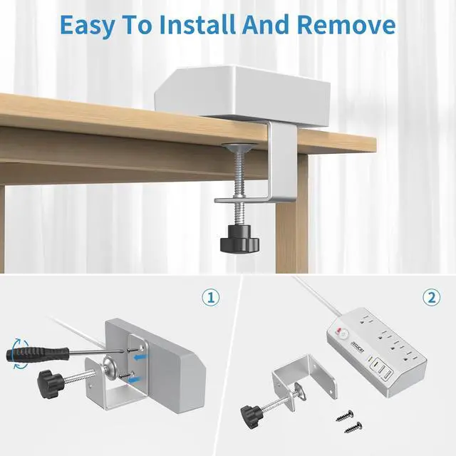 Alt view image 7 of 7 - Desk Clamp Power Strip 10FT with PD 20W Fast Charging USB C, Desk Mount Power Strip Surge Protector, Removable Extension Cord with 4 Outlets 4 USB Ports, Fit 1.8" Tabletop Edge, White