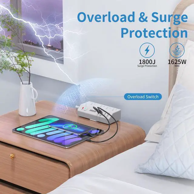 Alt view image 4 of 7 - Desk Clamp Power Strip 10FT with PD 20W Fast Charging USB C, Desk Mount Power Strip Surge Protector, Removable Extension Cord with 4 Outlets 4 USB Ports, Fit 1.8" Tabletop Edge, White