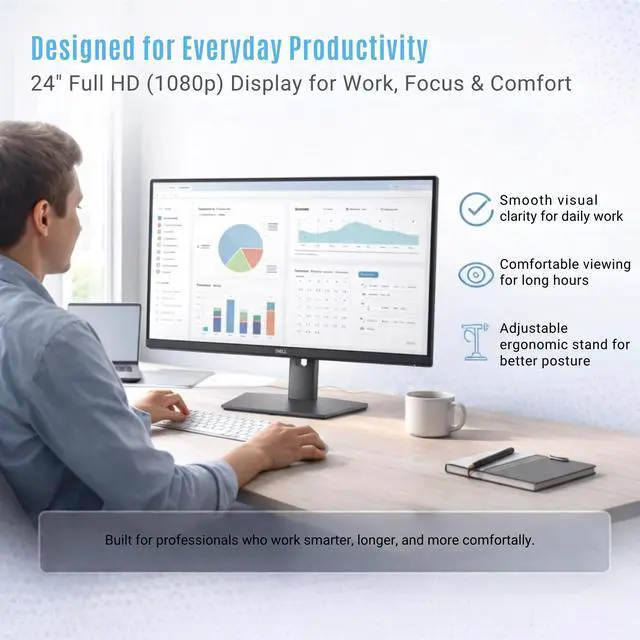 Alt view image 7 of 7 - Dell Pro P P2426H 24" FHD 120Hz Business Monitor, USB-C, HDMI, DisplayPort | Anti-Glare 24" (1920×1080) Monitor, Adaptive-Sync, VESA Mount, Dual Front USB-C, Eye Comfort Tech, Slim Bezels, Easy Setup
