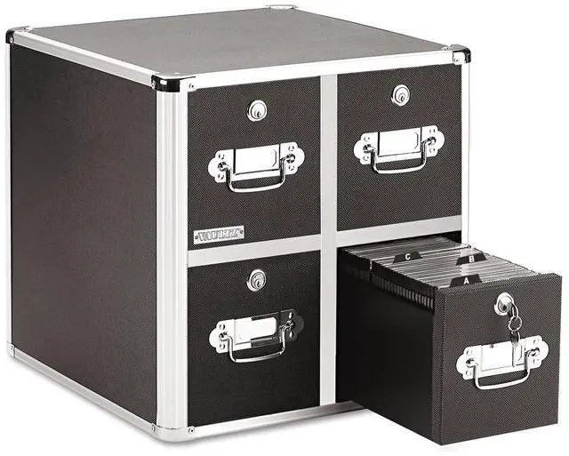 Main image of 4-Drawer CD File Cabinet, Locking DVD & CD Storage Box, Black | Locking filing unit holds hundreds of discs with no cases, key lock keeps media secure, sturdy steel corners, black finish
