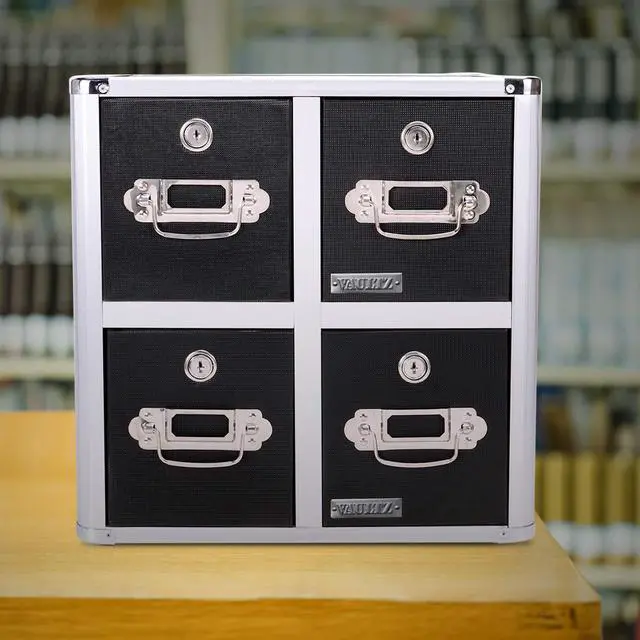 Alt view image 2 of 4 - 4-Drawer CD File Cabinet, Locking DVD & CD Storage Box, Black | Locking filing unit holds hundreds of discs with no cases, key lock keeps media secure, sturdy steel corners, black finish