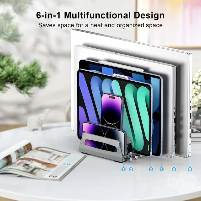 Alt view image 2 of 7 - 6-Slot Vertical Laptop Stand & Holder Adjustable Aluminum Laptop Stand Vertical for Desk Fits 6 Devices, MacBook & Gaming Laptops (Up to 17.3)Space Saving Laptop Storage Rack - Grey
