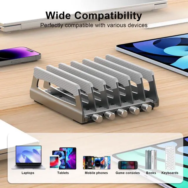 Alt view image 4 of 7 - 6-Slot Vertical Laptop Stand & Holder Adjustable Aluminum Laptop Stand Vertical for Desk Fits 6 Devices, MacBook & Gaming Laptops (Up to 17.3)Space Saving Laptop Storage Rack - Grey