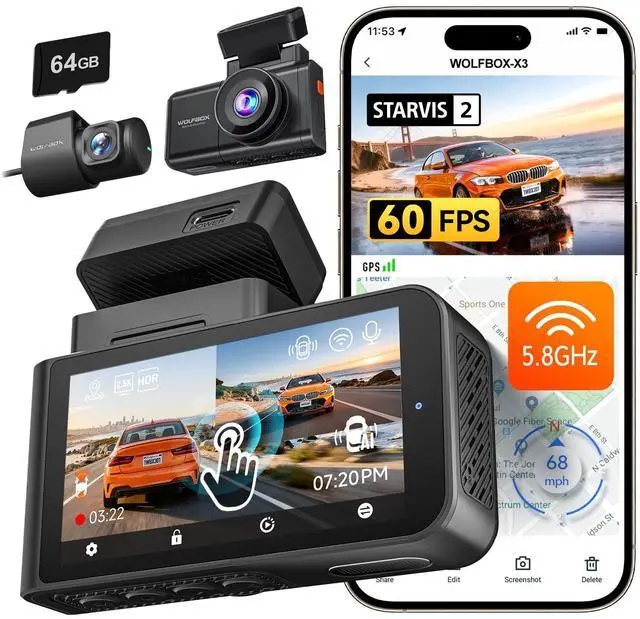 Main image of X3 2.5K 1440P 60FPS Dash Camera, STARVIS 2 IMX675 with ADAS, 1440P+1080P Dual Dashcam Front and Rear Camera 5MP with Built-in 5.8GHz WiFi & GPS, 64GB Card, Touch Screen, G-Sensor, Loop Record