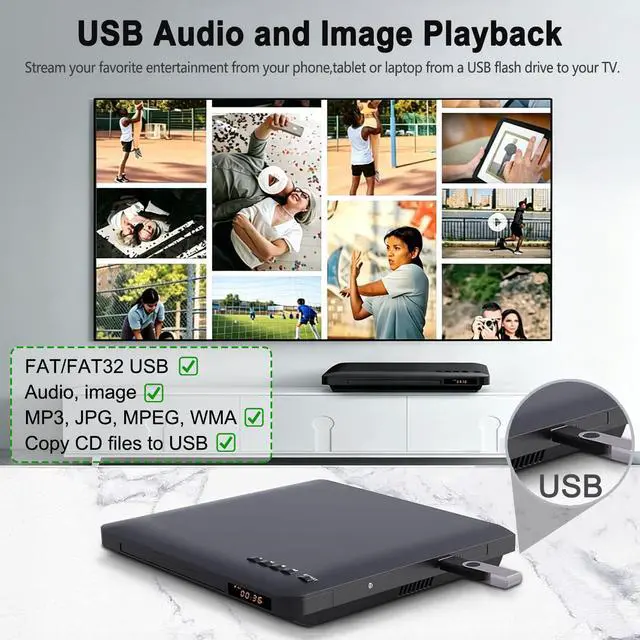 Alt view image 7 of 7 - Ultra Slim DVD Player, Thin HDMI AV DVD Players for TV, 1.77 Inch Design | with Region Free & Colourful HD Pixels, Supports USB Playback, NTSC/PAL DVD Player with HDMI & RCA Cables, Remote Control
