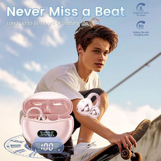 Alt view image 2 of 6 - Clip on Earbuds Open Ear Wireless Bluetooth 5.4 Headphones with Mic,60H Play,Noise Cancelling,Waterproof,Sports Ear Buds,Comfortable for Small Ears & Glasses Wearers,Workouts (Off White)