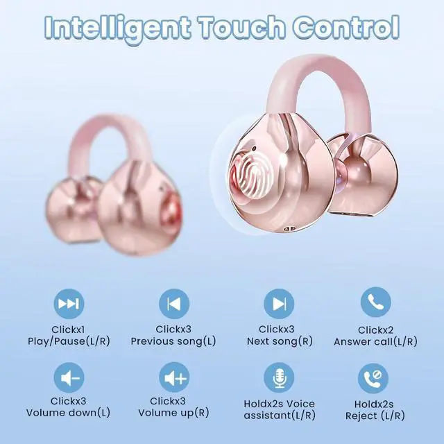 Alt view image 5 of 6 - Clip on Earbuds Open Ear Wireless Bluetooth 5.4 Headphones with Mic,60H Play,Noise Cancelling,Waterproof,Sports Ear Buds,Comfortable for Small Ears & Glasses Wearers,Workouts (Off White)
