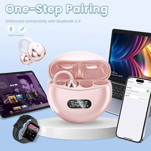 Alt view image 6 of 6 - Clip on Earbuds Open Ear Wireless Bluetooth 5.4 Headphones with Mic,60H Play,Noise Cancelling,Waterproof,Sports Ear Buds,Comfortable for Small Ears & Glasses Wearers,Workouts (Off White)