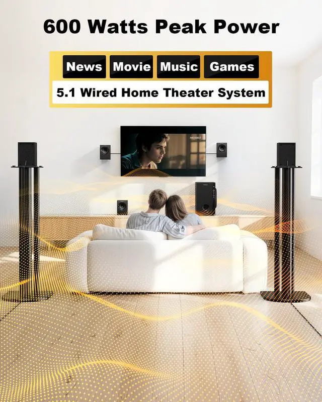 Alt view image 2 of 6 - Home Theater Systems with 5.25 inch Subwoofer, 600 Watts Peak | 5.1 Wired Satellite Surround Sound Speakers, Deep Bass Audio Stereo System with FM Radio Bluetooth AUX DVD USB SD Input