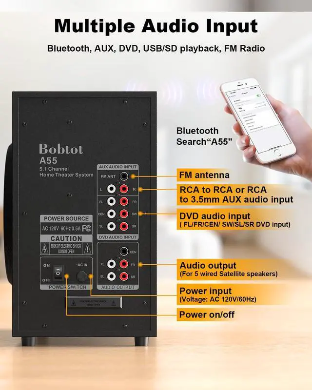Alt view image 4 of 6 - Home Theater Systems with 5.25 inch Subwoofer, 600 Watts Peak | 5.1 Wired Satellite Surround Sound Speakers, Deep Bass Audio Stereo System with FM Radio Bluetooth AUX DVD USB SD Input