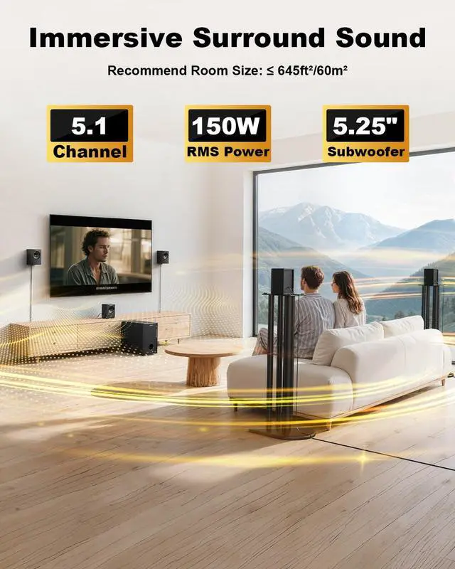 Alt view image 5 of 6 - Home Theater Systems with 5.25 inch Subwoofer, 600 Watts Peak | 5.1 Wired Satellite Surround Sound Speakers, Deep Bass Audio Stereo System with FM Radio Bluetooth AUX DVD USB SD Input