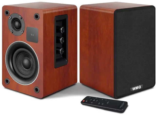 Main image of Powered Bluetooth 5.3 Bookshelf Speakers with Remote & LED Display, 3.5" Carbon Fiber Woofer, RCA AUX Input, Wooden Wired Wireless Speakers for Turntable, PC, TV, Gaming, Brown