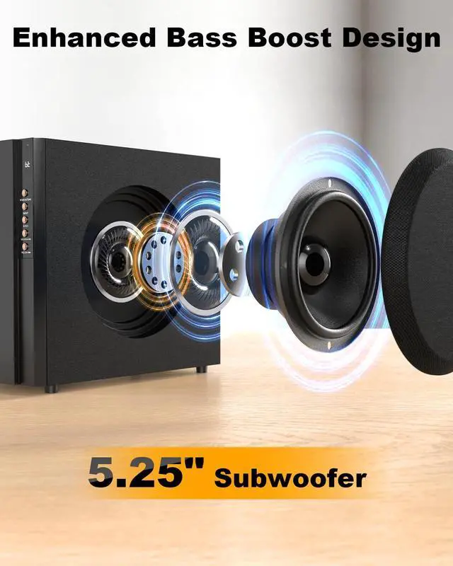 Alt view image 3 of 6 - Home Theater Systems with 5.25 inch Subwoofer, 600 Watts Peak | 5.1 Wired Satellite Surround Sound Speakers, Deep Bass Audio Stereo System with FM Radio Bluetooth AUX DVD USB SD Input