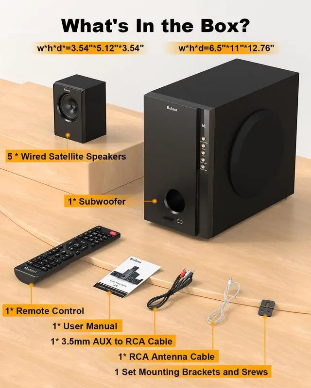 Alt view image 6 of 6 - Home Theater Systems with 5.25 inch Subwoofer, 600 Watts Peak | 5.1 Wired Satellite Surround Sound Speakers, Deep Bass Audio Stereo System with FM Radio Bluetooth AUX DVD USB SD Input