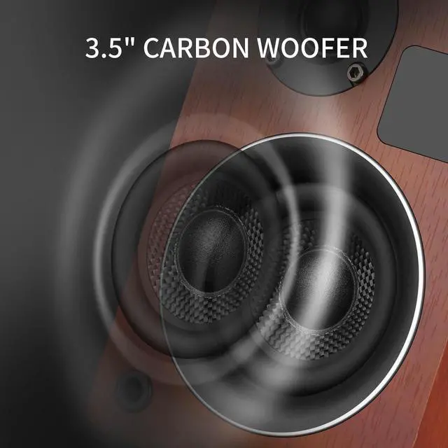 Alt view image 2 of 6 - Powered Bluetooth 5.3 Bookshelf Speakers with Remote & LED Display, 3.5" Carbon Fiber Woofer, RCA AUX Input, Wooden Wired Wireless Speakers for Turntable, PC, TV, Gaming, Brown