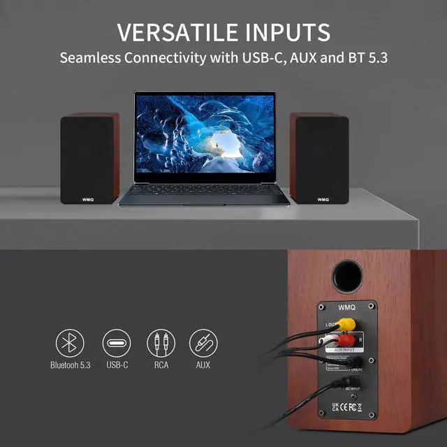 Alt view image 4 of 6 - Powered Bluetooth 5.3 Bookshelf Speakers with Remote & LED Display, 3.5" Carbon Fiber Woofer, RCA AUX Input, Wooden Wired Wireless Speakers for Turntable, PC, TV, Gaming, Brown