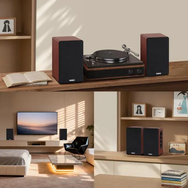 Alt view image 5 of 6 - Powered Bluetooth 5.3 Bookshelf Speakers with Remote & LED Display, 3.5" Carbon Fiber Woofer, RCA AUX Input, Wooden Wired Wireless Speakers for Turntable, PC, TV, Gaming, Brown