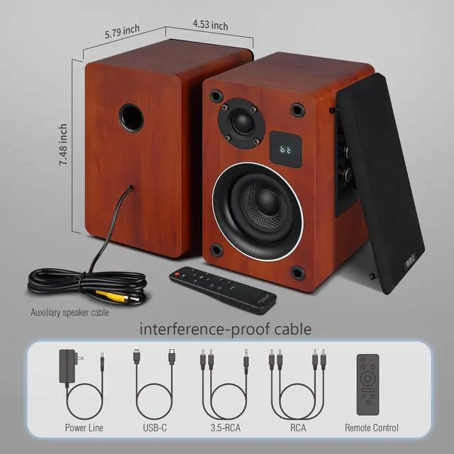 Alt view image 6 of 6 - Powered Bluetooth 5.3 Bookshelf Speakers with Remote & LED Display, 3.5" Carbon Fiber Woofer, RCA AUX Input, Wooden Wired Wireless Speakers for Turntable, PC, TV, Gaming, Brown