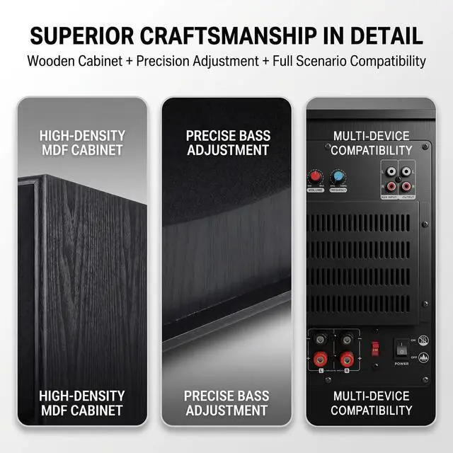 Alt view image 2 of 7 - HS-10SW 10" Powered Subwoofer, 200W RMS Class AB, 800W Peak, 40Hz-250Hz (±3dB) Deep Bass, Bass Reflex, Adjustable Crossover & Dual Audio Inputs for Home Theater & Stereo HiFi